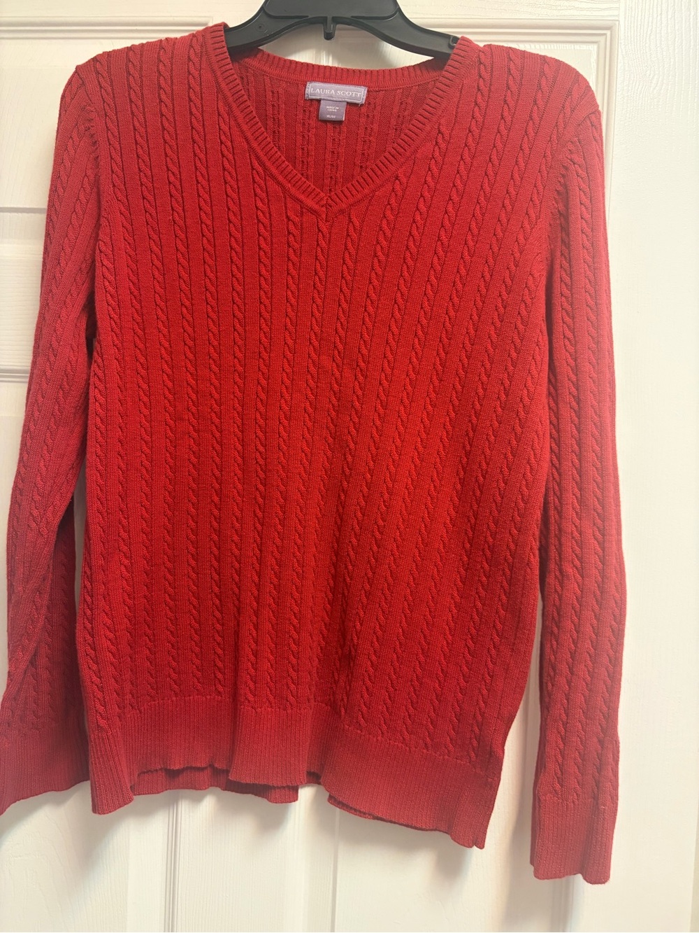 Laura Scott Red Cable-Knit V-Neck Sweater